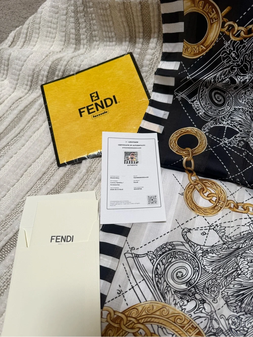 Fendi Black, White & Gold Chain-Print Silk Scarf